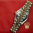 Rolex Datejust 31 ref. 178273 from 2017 in two-tone stainless steel and yellow gold with a factory white mother-of-pearl diamond dial, 31mm case, Jubilee bracelet, sapphire crystal, and automatic movement. Very good condition, complete with original 2017 Bergströms Uppsala certificate, box, booklets, and tag. Detailed product images showing the MOP dial texture, diamond markers, fluted bezel, case, bracelet, and clasp, offered by Klocksalongen with a 12-month functional warranty.