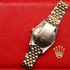 Rolex Datejust 31 ref. 68273 from 1989 in two-tone stainless steel and yellow gold with a factory champagne diamond dial, 31mm case, Jubilee bracelet, sapphire crystal, and automatic movement. Freshly serviced and polished, in very good condition. Complete full set including original 1989 USA certificate, box, booklets, and tag. Detailed product photos showing the diamond-set dial, fluted bezel, case, bracelet, and clasp, offered by Klocksalongen with a 12-month service warranty.