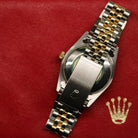 Rolex Datejust 31 ref. 68273 from 1999 in two-tone stainless steel and yellow gold with a factory champagne diamond dial, 31mm case, Jubilee bracelet, sapphire crystal, and automatic movement. Recently serviced and polished, delivered in very good condition with original Japan 1999 certificate, box, booklets, and tag. Detailed product images show the diamond-set dial, fluted bezel, case, bracelet, clasp, and finishing, offered by Klocksalongen with a 12-month service warranty.