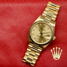 Rolex Datejust 31 ref. 68278 from 1991 in solid yellow gold with a factory champagne diamond dial, 31mm case, President bracelet, sapphire crystal, and automatic movement. Presented in very good condition with Klocksalongen authenticity certificate and packaging. Detailed product photos show the champagne diamond dial, gold case, bracelet, clasp, and finishing, offered by Klocksalongen with a 12-month functional warranty.