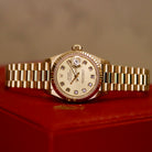 Rolex Lady-Datejust 26 ref. 69178 from 1996 in solid yellow gold with a factory champagne diamond dial, 26mm case, President bracelet, sapphire crystal, and full set from Japan; detailed product photos showing the dial, case, bracelet, and accessories in very good condition for Klocksalongen.