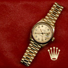 Rolex Lady-Datejust 26 ref. 69178 from 1996 in solid yellow gold with a factory champagne diamond dial, 26mm case, President bracelet, sapphire crystal, and automatic movement. Includes original Japan certificate, box, and tag. Detailed product photos showing the dial, diamonds, case, bracelet, clasp, and overall very good condition, offered by Klocksalongen with a 12-month functional warranty.