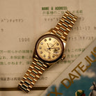 Rolex Lady-Datejust 26 ref. 69178 from 1996 in solid yellow gold with a factory champagne diamond dial, 26mm case, President bracelet, sapphire crystal, and automatic movement. Includes original Japan certificate, box, and tag. Detailed product photos showing the dial, diamonds, case, bracelet, clasp, and overall very good condition, offered by Klocksalongen with a 12-month functional warranty.
